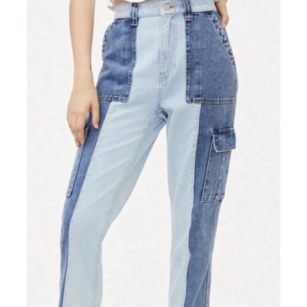 Y2K PacSun Two Tone Blue Cargo Jeans Women’s Size 27 Patchwork Denim Pants